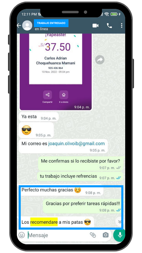 Tarea por WhatsApp — comentarios positivos sobre redacción — Tareas Rápidas.